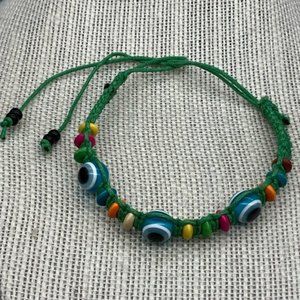 Multicolor Eyeball Bead Bracelet Green Cord Tie Retro BoHo Hippie Blue Orange